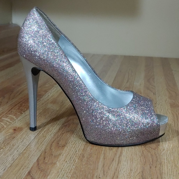 Guess Pink Rainbow Glitter Peep Hole Heels 7M - Picture 6 of 14